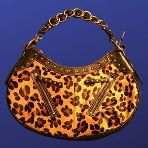 KATE LANDRY large HOBO studded handbag purse, black/Gold/Leopard print calf hair